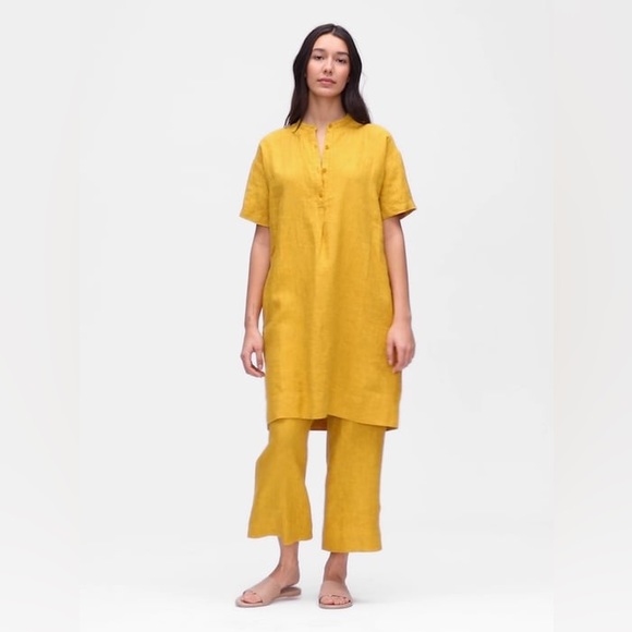 Washed Organic Linen Delave Mandarin Collar Shirtdress in Marigold, size xxs - Picture 4 of 7